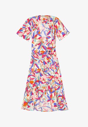 Leichtes, knielanges Kleid mit Wickeldesign. Mit bunten Blumenmustern in Rosa, Lila, Orange und Blau auf einem cremefarbenen Hintergrund.