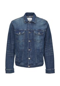 Dunkelblauer Jeansjacke mit klassischem Knopfverschluss, zwei Brusttaschen und strukturiertem Kragen. Einheitliche Farbe über die gesamte Oberfläche.