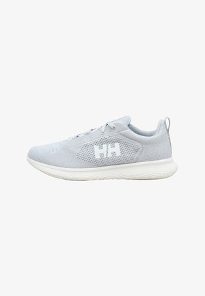 Zapatilla deportiva tejida de color gris claro con suela blanca, logotipo blanco "HH" en el lateral y lengüeta en el talón, mostrada en perfil lateral izquierdo.