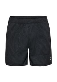 Svarta träningsshorts med ett strukturerat randigt mönster, elastisk midja och sidofickor. Har en liten logotyp på nedre högra sidan.