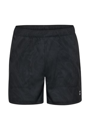 Zwarte sportshorts met een gestructureerd gestreept patroon, een elastische tailleband en zijzakken. Heeft een klein logo aan de onderzijde rechts.