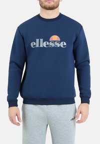 Granatowy sweter z okrągłym dekoltem, długimi rękawami i ściągaczami. Posiada duże szare logo oraz kolorowy akcent nad logo.