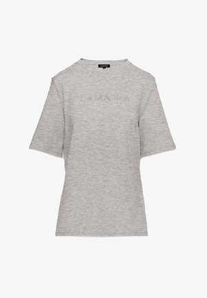 Sivý krátky rukáv tričko vyrobené z mäkkého materiálu, s okrúhlym výstrihom a vyšitým textom "LAMANIA" na prednej strane.
