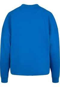 Felpa in cotone blu con collo rotondo, vestibilità ampia e polsini a costine. Tessuto liscio, colore uniforme, senza motivi o accessori visibili.