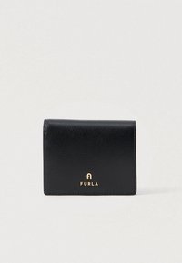 Black leather wallet with a textured finish, featuring a gold logo. Compact, rectangular design with rounded edges and minimalistic style.