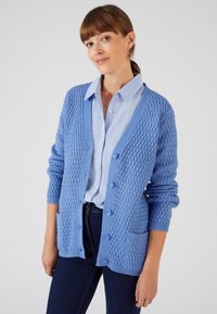 Cardigan lavorato a maglia blu chiaro con un motivo a bolle testurizzato, dotato di bottoni e scollatura a V, indossato sopra una camicia azzurra con colletto.