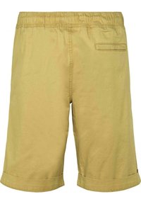Żółte bawełniane szorty z elastycznym paskiem, podwiniętymi mankietami i jedną tylną kieszenią. Gładka tekstura i swobodny design.