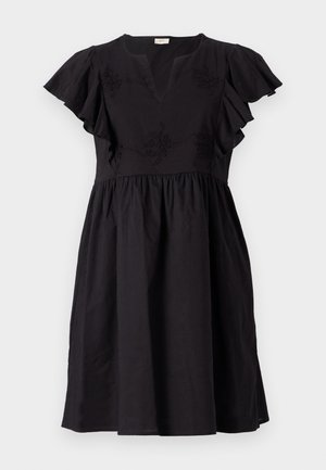 Zwarte katoenen jurk met korte, gerafelde mouwen, een V-halslijn en subtiele bloemenborduursels op het lijfje. A-lijn silhoutte met een verzamelde taille.