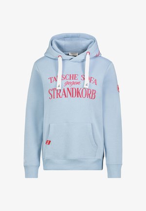 Lichtblauwe hoodie met witte trekkoorden, voorzak en rood bedrukte tekst. Voorzien van zacht materiaal en geribbelde manchetten. Logo op de mouw.