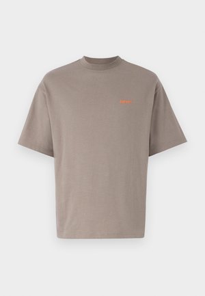 Taupe cotton t-shirt with a relaxed fit, short sleeves, and a crew neck. Features small orange "bareen" logo on the chest.