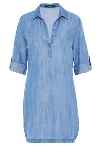 Světle modré denimové šaty s límečkem a polovičními rukávy. Obsahují ohrnuté manžety a volný střih, s prošitými detaily podél lemu.