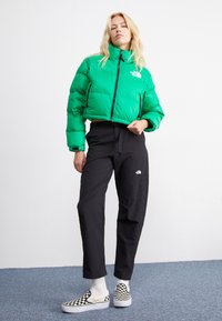 Giacca a vento verde con design cropped e chiusura zip, abbinata a pantaloni neri. Presenta scarpe slip-on a scacchi e calzini bianchi.