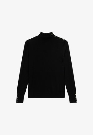 Black turtleneck sweater in knit fabric with long sleeves. Notable details include decorative buttons on the shoulder and cuffs.