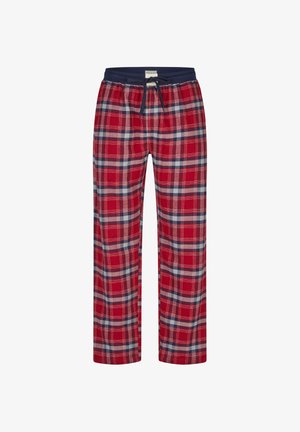 Pantalons de pyjama à carreaux rouges, bleus et blancs avec une taille élastique bleu marine, présentés à plat sur un fond blanc.