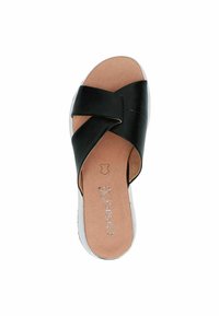 Sandal con cinturino incrociato nero, dotato di una superficie superiore in finta pelle liscia, suola imbottita e suola in gomma bianca. Presenta un logo discreto sulla soletta.