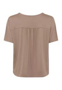 Kortærmet beige T-shirt med rygdesign i samling, rund halsudskæring og glat tekstur. Kanten er syet pænt.