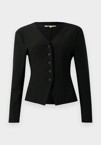 Blazer noir ajusté avec manches longues, encolure en V et cinq boutons devant, taille cintrée et ourlet légèrement évasé.