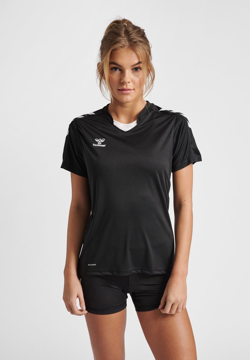Black athletic shirt made of smooth fabric, featuring short sleeves, a round neckline, and white logo on the chest, paired with black shorts.
