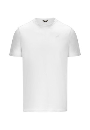 Jednoduché biele tričko s krátkym rukávom a okrúhlym výstrihom, s jemným malým logom na ľavej strane hrude, zobrazené na bielom pozadí.