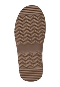 Semelle en caoutchouc marron avec des motifs de motifs en zigzag et horizontaux, conçue pour la traction et l'adhérence, présentée sur un fond blanc.