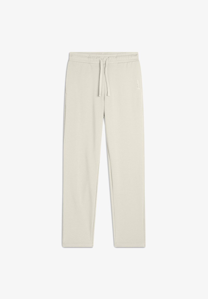 Pantalons de survêtement gris clair en tissu doux en mélange de coton. Équipés d'une taille élastique avec cordon de serrage et de poches latérales. Texture lisse.