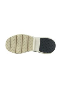Suola di scarpa con una superficie in gomma beige segmentata, caratterizzata da un motivo testurizzato, e accentuata da una sezione nera nel tallone.