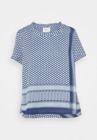 Blå mönstrad kortärmad topp med en blandning av geometriska och randiga mönster, rundad halsringning och en avslappnad passform.