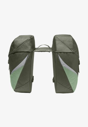 Dunkelgrüner zweifarbiger Rucksack mit einem geometrischen Design und kontrastierenden hellgrünen und grauen Akzenten. Hergestellt aus strapazierfähigem Stoff und mit einem oberen Tragegriff.