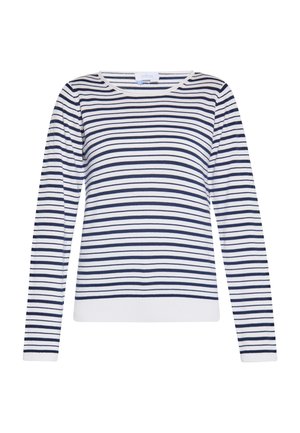Maglione a righe con maniche lunghe in bianco e blu navy, caratterizzato da un collo rotondo, bordo a costine e una texture a maglia liscia.