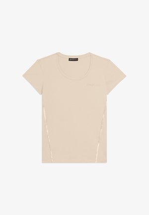 T-shirt beige a maniche corte del marchio Freddy con scollo rotondo e sottili dettagli a cucitura diagonale su entrambi i lati.