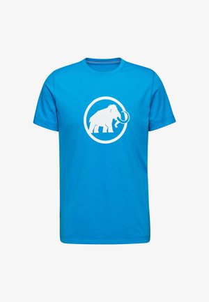 Blå bomullströja med en vit grafik av en mammut inuti en cirkulär kontur. Rund hals och korta ärmar.