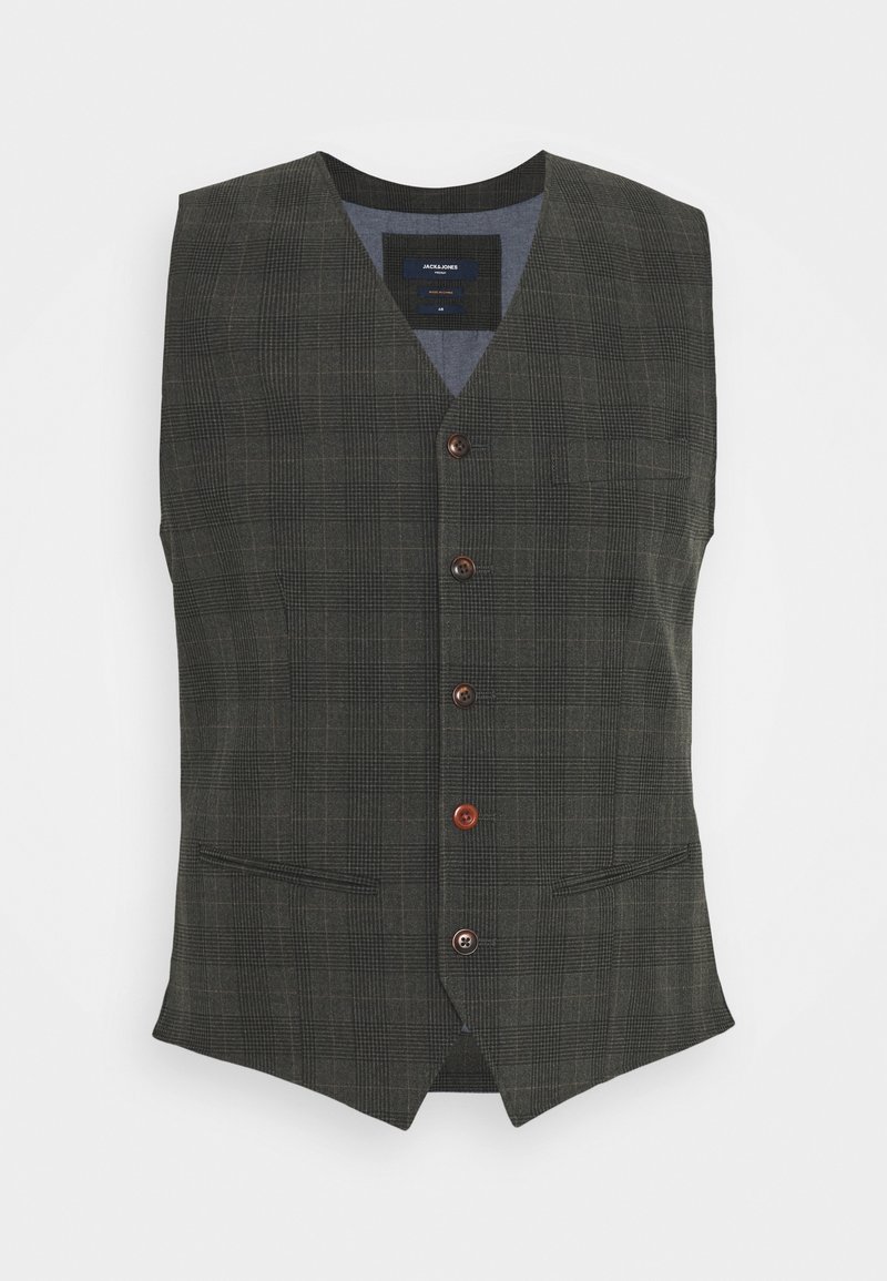 Dark green plaid waistcoat with a V-neck, five brown buttons, and two front pockets. Textured fabric, tailored fit. Lined inside.