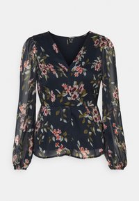 Blommig blus i marinblått med långa genomskinliga ärmar, v-ringning och knappdetaljer. Har rosa och gröna blommönster samt en figursydd midja.