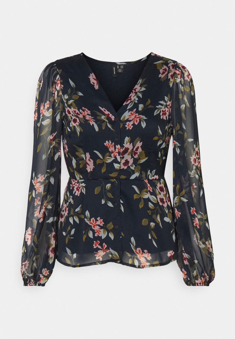 Blommig blus i marinblått med långa genomskinliga ärmar, v-ringning och knappdetaljer. Har rosa och gröna blommönster samt en figursydd midja.
