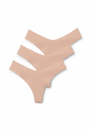 Drei Paare von hautfarbenen Tanga-Unterhosen mit nahtlosem Design, weichem Stoff und moderater Bedeckung.