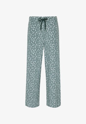 Pantaloni a stampa floreale in teal con fiori bianchi. Design a gamba dritta, vita elastica con cordoncino regolabile. Morbido tessuto in misto cotone.