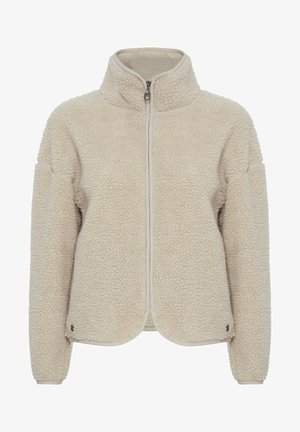 Fleece jack in licht beige, met een hoge kraag, een frontale rits en een ronde zoom. Textuurstaaf en een ontspannen pasvorm met lange mouwen.