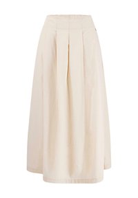 Beige, knee-length skirt made of lightweight fabric. Features a gathered waistband, pleats down the front, and a smooth hemline.