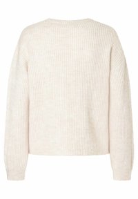 Pull doux de couleur crème avec une texture côtelée, épaules tombantes et manches longues. Ourlet droit sans fermetures visibles.