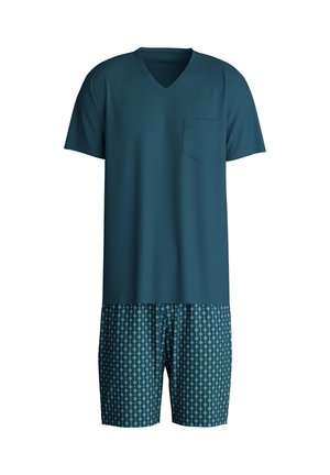 T-shirt teal à col en V avec une poche sur la poitrine, associé à un short à motifs dans des tons de teal foncé et de diamants crème, avec une taille élastique.