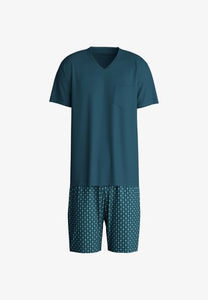 Teal V-hals T-shirt met een borstzak, gecombineerd met patroonshorts in donkerder teal en crèmekleurige diamantontwerpen, met een elastische tailleband.