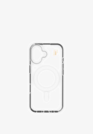 Clear transparent phone case with a circular magnetic ring and camera cutout, branded "Ideal of Sweden" in small text.