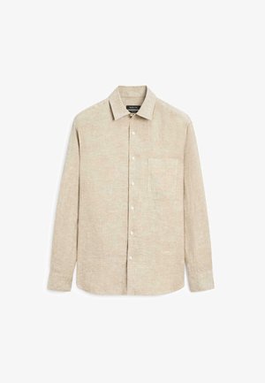 Lichtbeige langharige linnen blouse met een kraag, een voorzak en een knoopsluiting. Heeft een gestructureerde stof met een casual ontwerp.