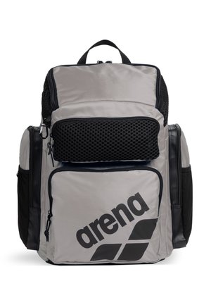 Zaino Arena grigio e nero con più scomparti con cerniera e manico superiore.