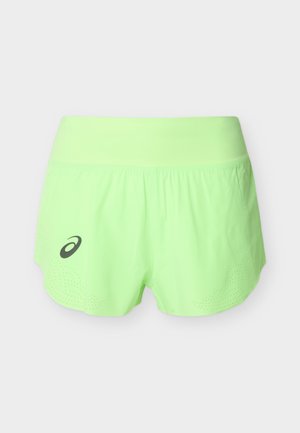 Neon green athletic shorts with wide waistband, perforated side details, and black ASICS logo on left leg.