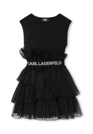 Zwarte jurk met een getailleerd bovenstuk met een ronde hals, een gelaagde geplooide tule rok en een decoratieve tailleband met het "KARL LAGERFELD"-logo.