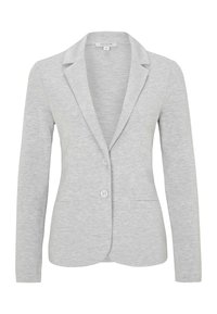 Blazer gris clair en tissu doux, doté d'un col cranté, d'une fermeture à un bouton et de deux poches avant. Texture lisse sur l'ensemble.