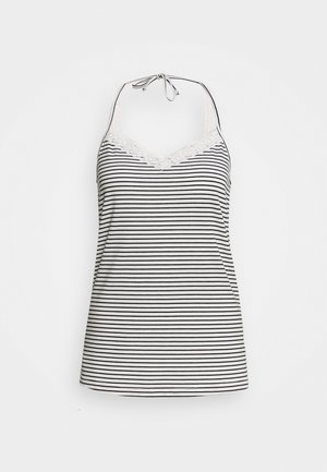 Top sans manches rayé en noir et blanc avec un décolleté en V et une finition en dentelle. Présente des bretelles spaghetti et une coupe ample et décontractée.