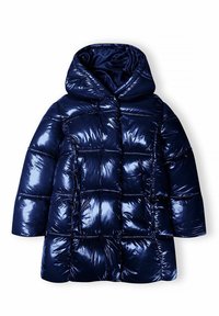 Chaqueta acolchada azul marino con un acabado brillante, que cuenta con capucha, diseño cuadrado, textura acolchada y amplios bolsillos frontales.