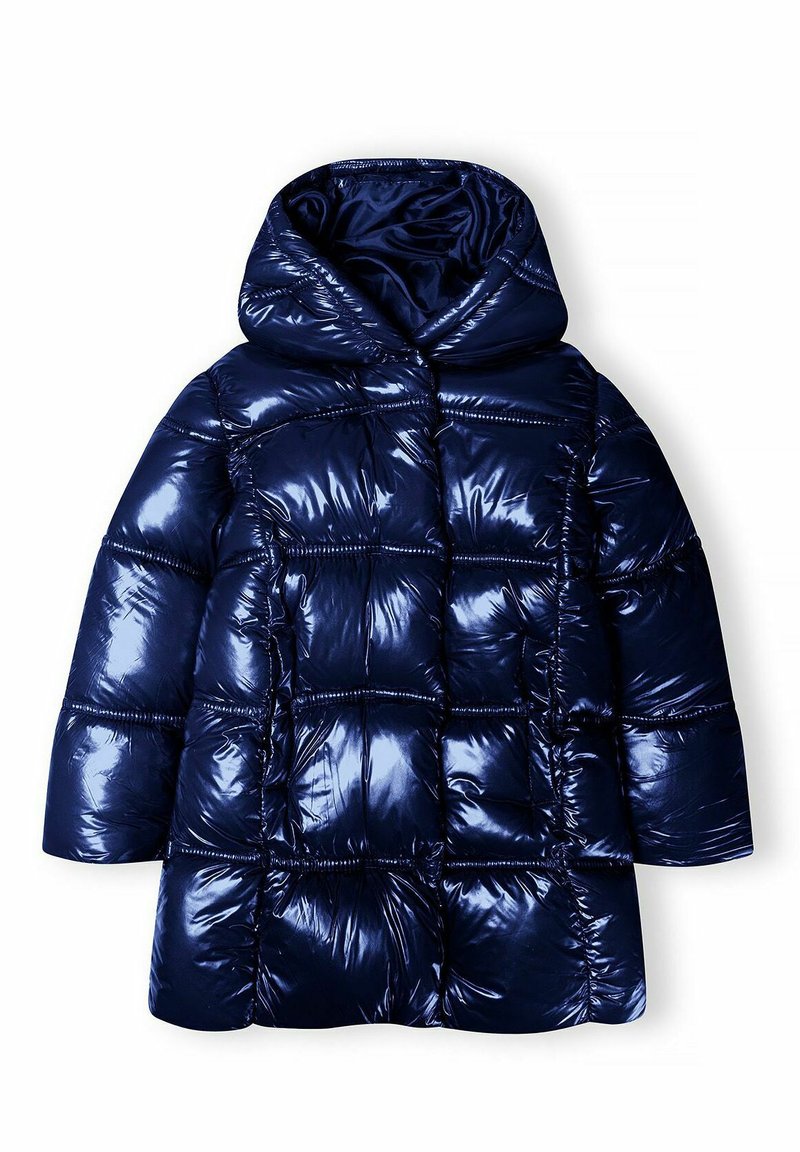 Chaqueta acolchada azul marino con un acabado brillante, que cuenta con capucha, diseño cuadrado, textura acolchada y amplios bolsillos frontales.